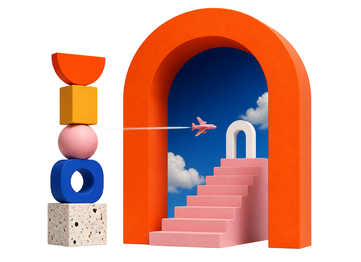 Orange portal arch with a pink staircase, clouds, a pink aeroplane and a sculptural stack